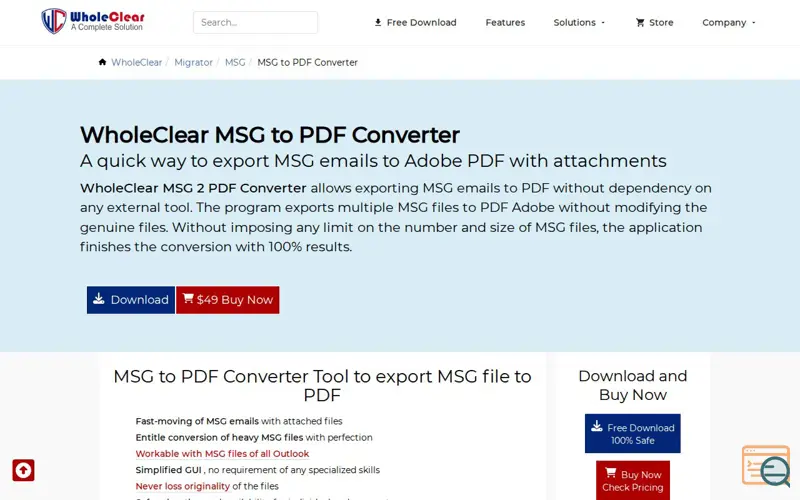 Screenshot of WholeClear MSG to PDF Converter