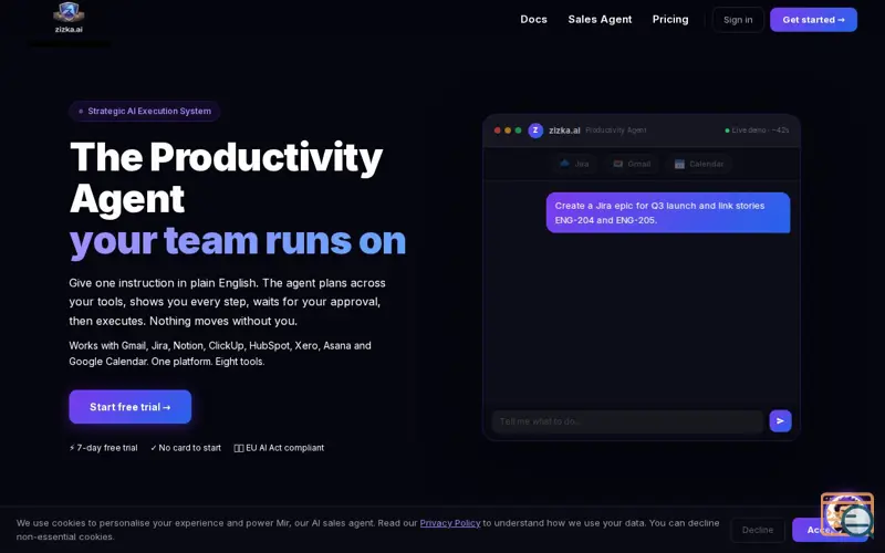 Screenshot of zizka.ai, a launch using ClickUp
