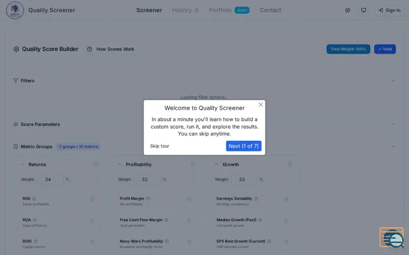 Screenshot of Quality Screener