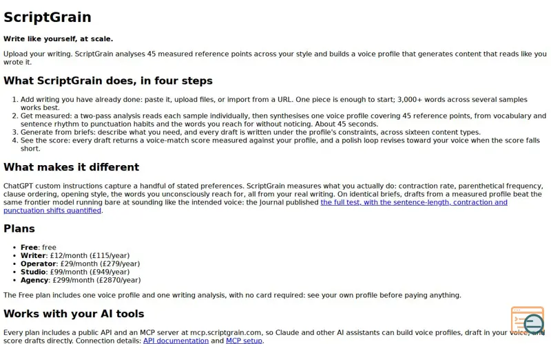 Screenshot of ScriptGrain - Write like you, at scale