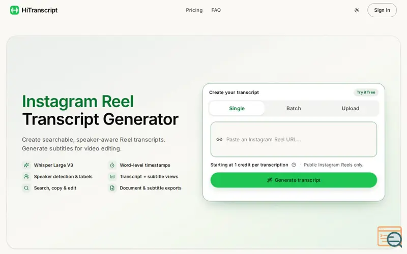 Screenshot of Instagram Transcript Generator for Reels | HiTranscript