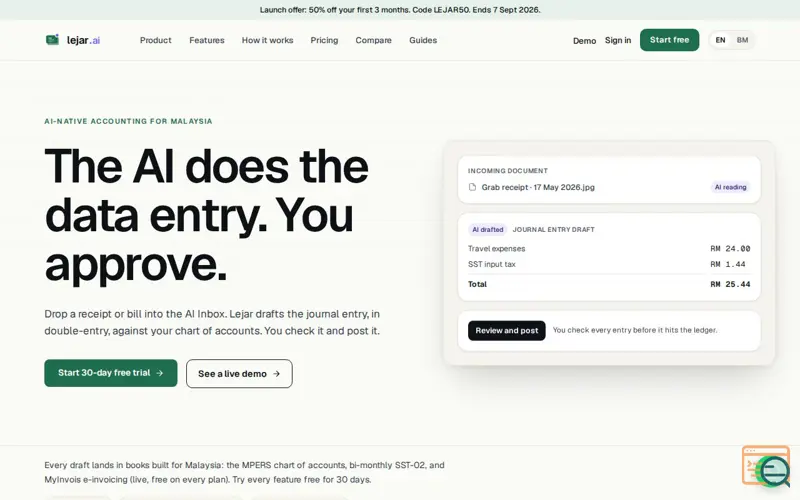 Screenshot of lejar.ai: AI-native accounting for every Malaysian entity you run
