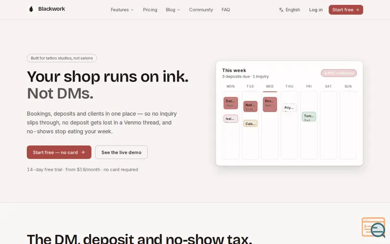 Screenshot of Blackwork — Tattoo studio CRM, a launch using Startup.sx