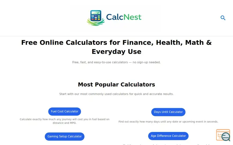 Screenshot of CalcNest — Free Online Calculators