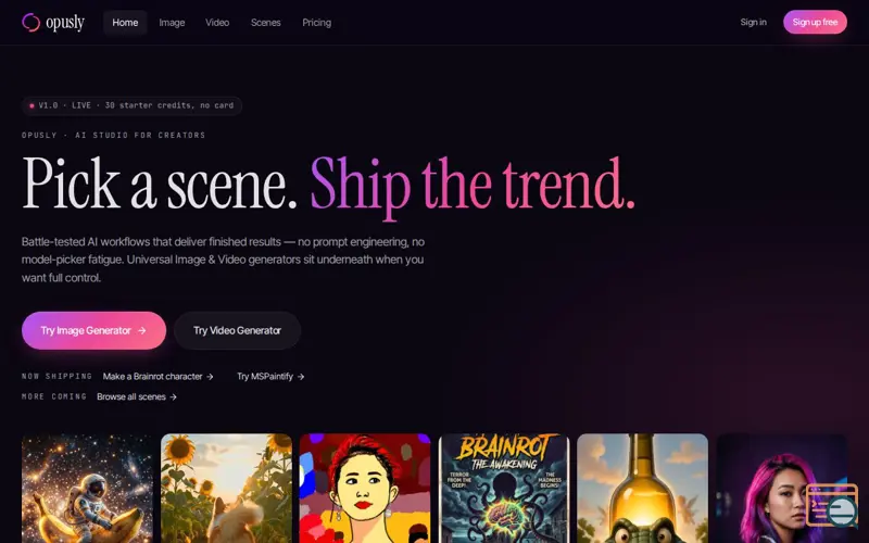 Screenshot of Scene-First AI Studio · Image + Video Generator | Opusly, a launch using ShowMeBest