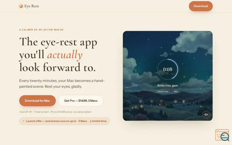 Screenshot of Eye Rest, a hand-painted eye-rest app for Mac