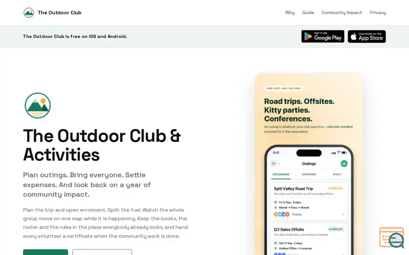 Screenshot of The Outdoor Club | Run Your Club: Outings, Members, Money & a Live Map