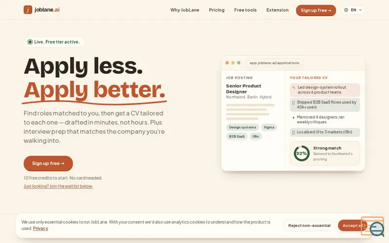 Screenshot of JobLane: Apply Less, Apply Better — AI-Powered Career Tools