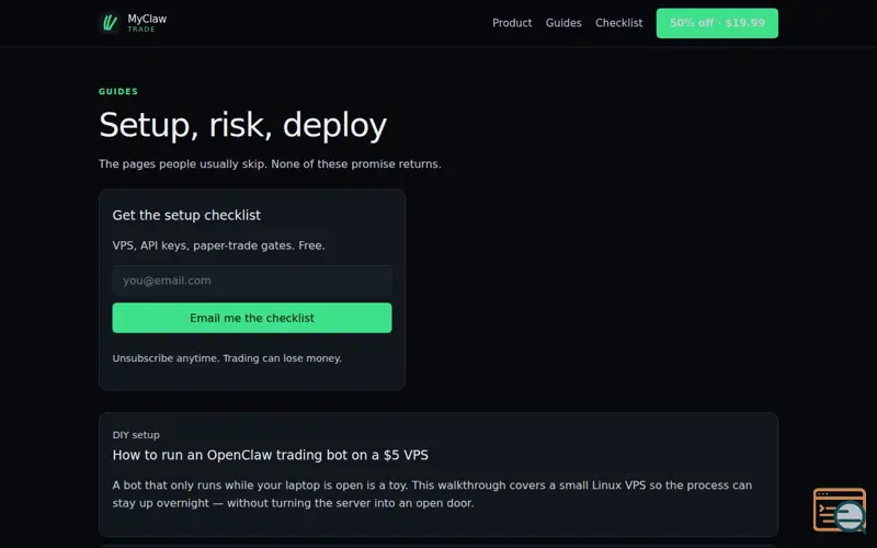 Screenshot of Setup guides — MyClawTrade