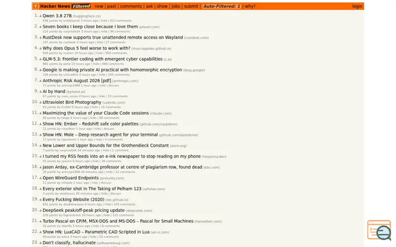 Screenshot of Hacker News minus the slop