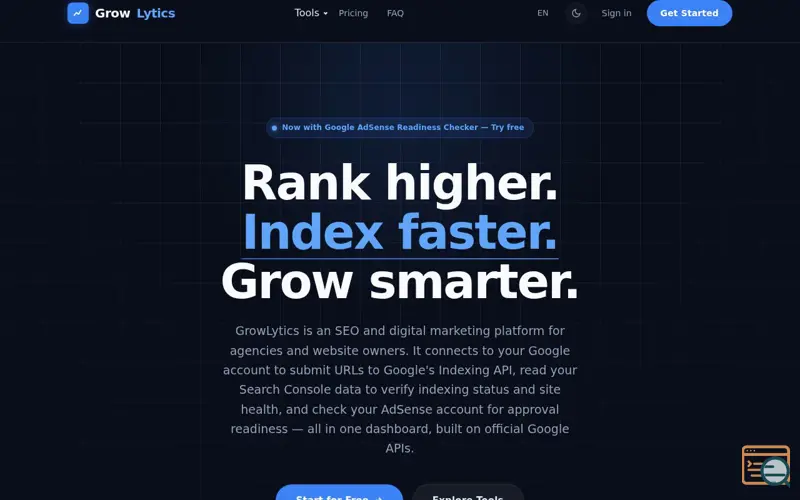 Screenshot of GrowLytics — SEO, Indexing, Audits & AdSense Tools
