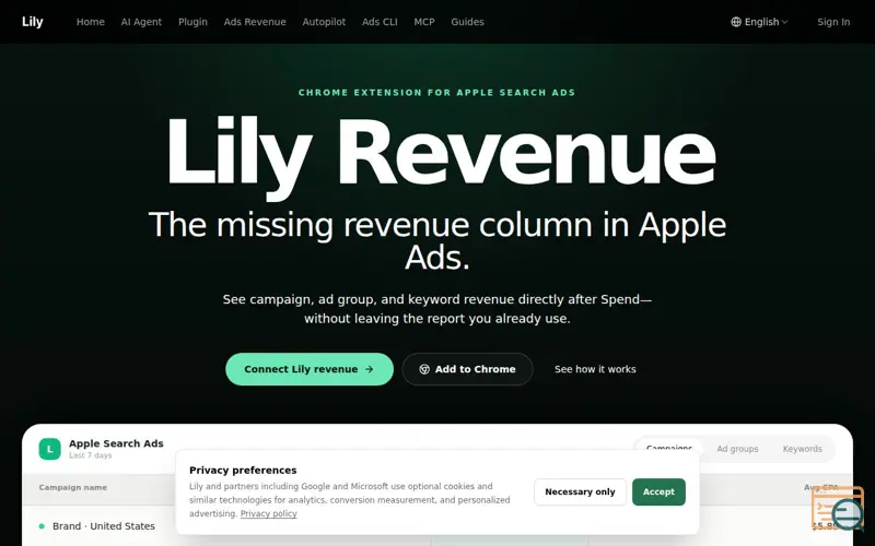 Screenshot of Lily Revenue for Apple Ads