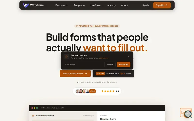 Screenshot of WittyForm, a launch using Shopify