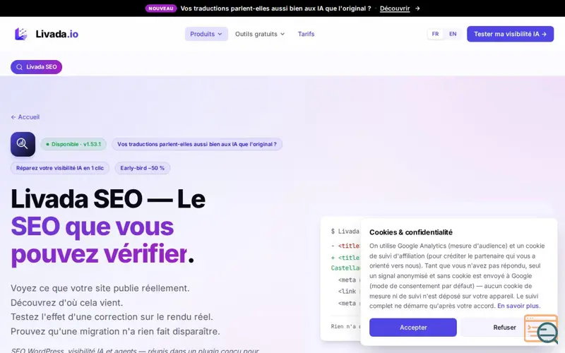 Screenshot of Livada SEO, a launch using Lemon Squeezy