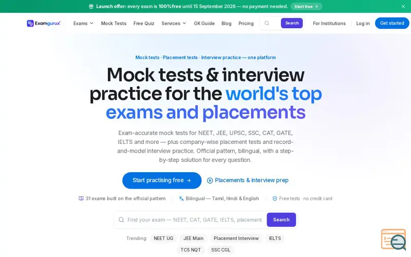 Screenshot of ExamguruX — Mock tests for the world's top competitive exams