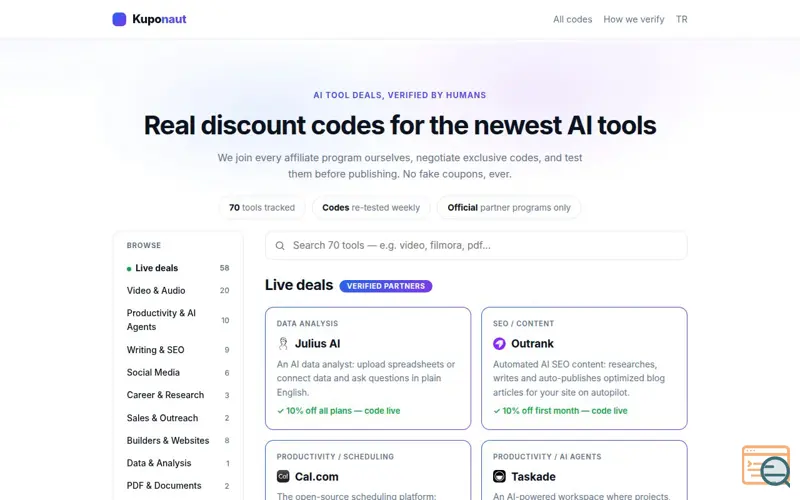 Screenshot of Kuponaut — Real discount codes for the newest AI tools
