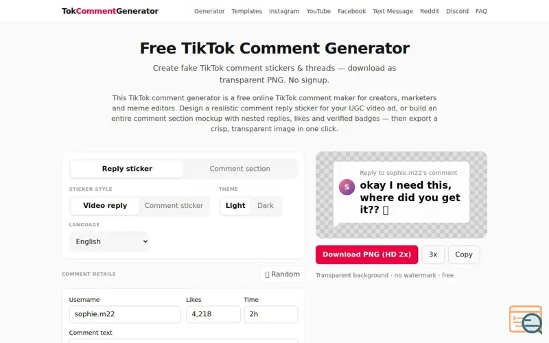 Screenshot of Tok Comment Generator, a launch using MarketingDB