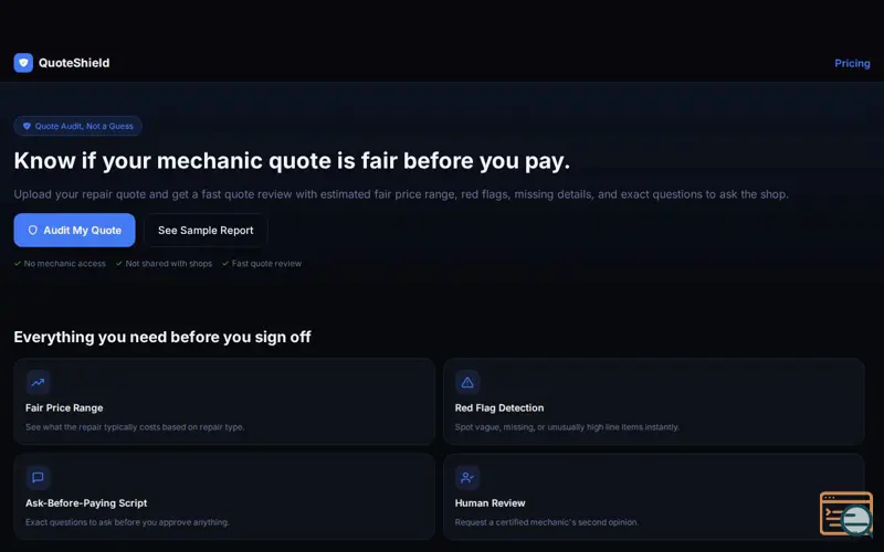 Screenshot of QuoteShield