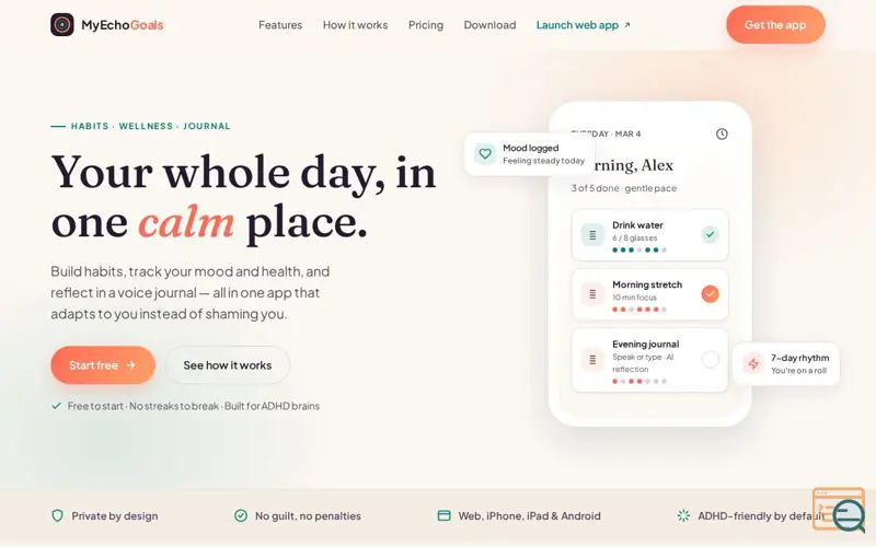 Screenshot of MyEchoGoals — Habits, wellness & journaling in one calm place