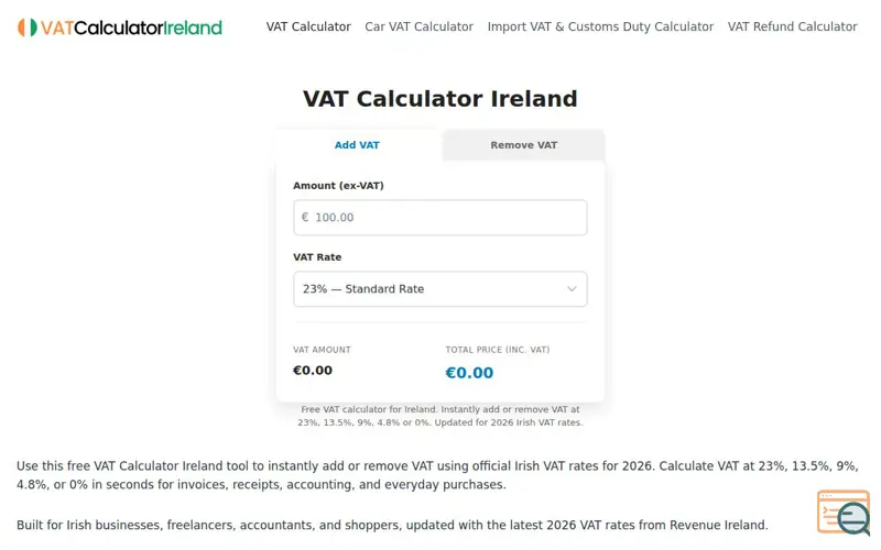 Screenshot of VAT Calculator Ireland