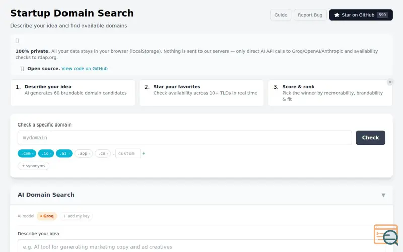 Screenshot of Startup Domain Search
