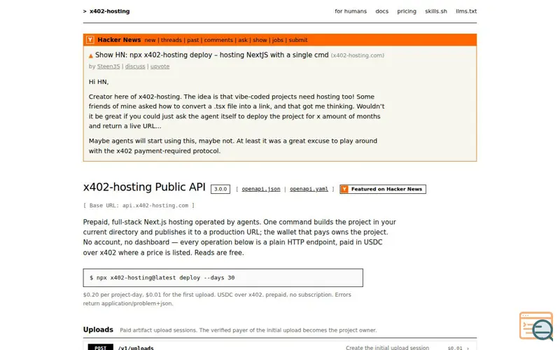 Screenshot of npx x402-hosting deploy
