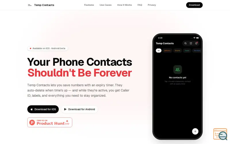 Screenshot of Temp Contacts