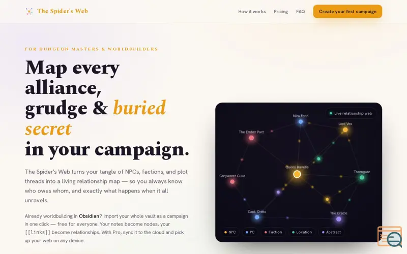Screenshot of The Spider's Web — Campaign Manager & NPC Relationship Mapper for Any Tabletop RPG