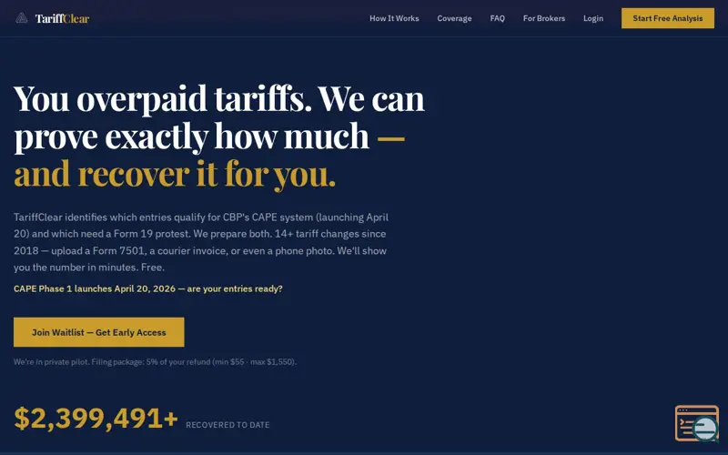 Screenshot of TariffClear