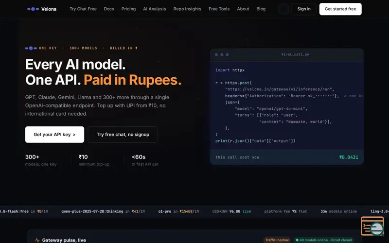 Screenshot of Velona — Unified AI APIs for Indian Developers