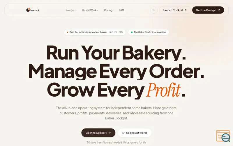 Screenshot of Kamai — The Baker Cockpit | Run Your Bakery Like a Real Business