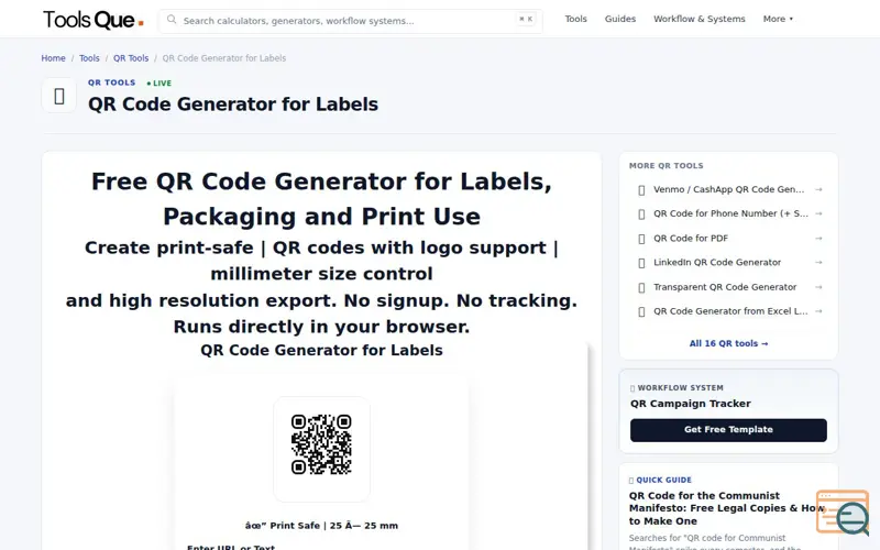 Screenshot of toolsque.com, a launch using AOS