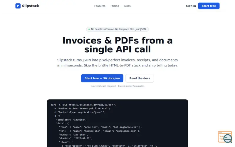 Screenshot of Slipstack — Invoices & PDFs as an API