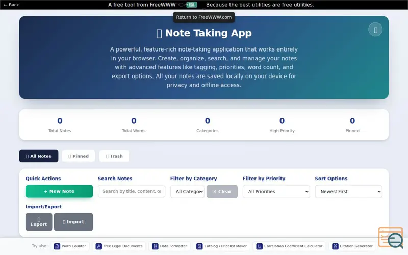Screenshot of FreeWWW Note Taking App