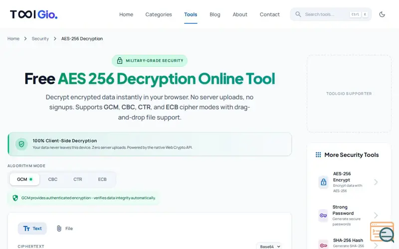 Screenshot of AES 256 Decryption Online Tool