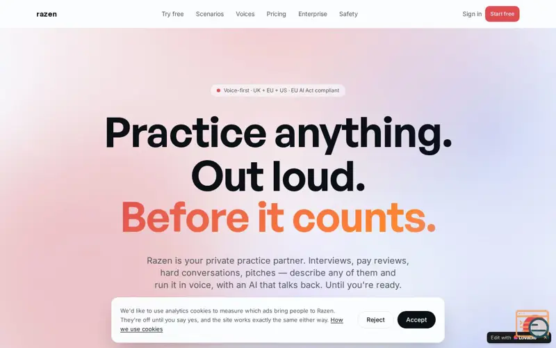 Screenshot of Razen — AI Practice Partner for Interviews, Hard Talks & Speeches