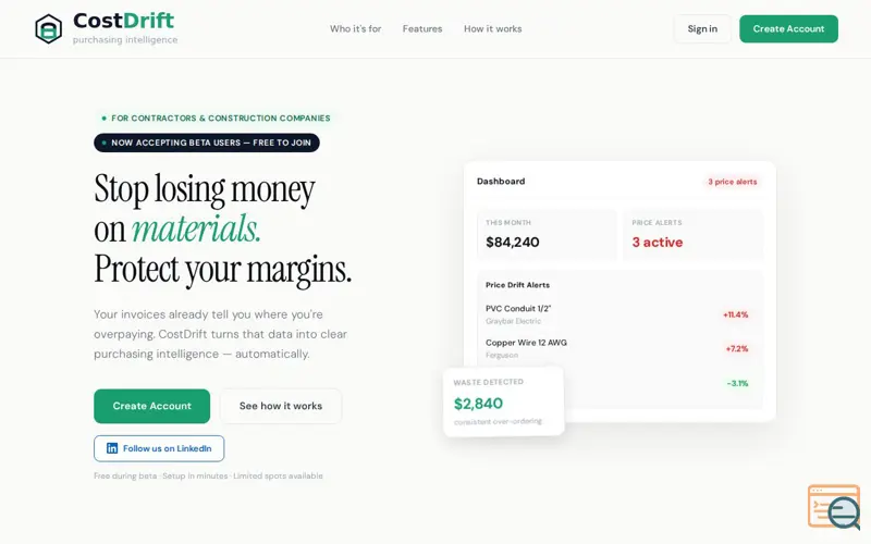 Screenshot of CostDrift — Purchasing Intelligence