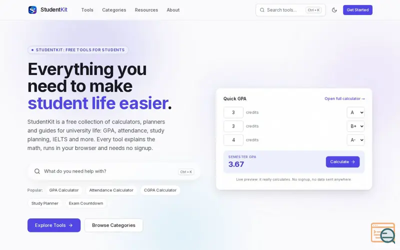 Screenshot of StudentKit — Free Student Tools, Calculators & Study Utilities