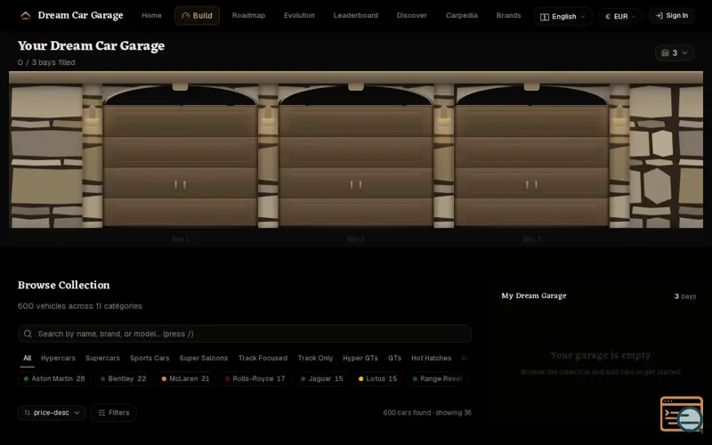 Screenshot of Dream Car Garage, a launch using Google Search Console