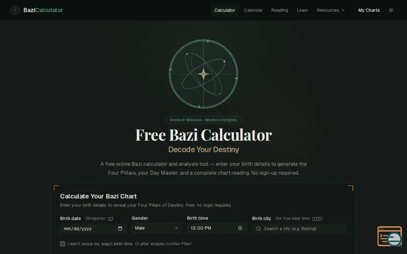 Screenshot of Free Bazi Calculator & Analysis — Decode Your Destiny | BaziCalculator