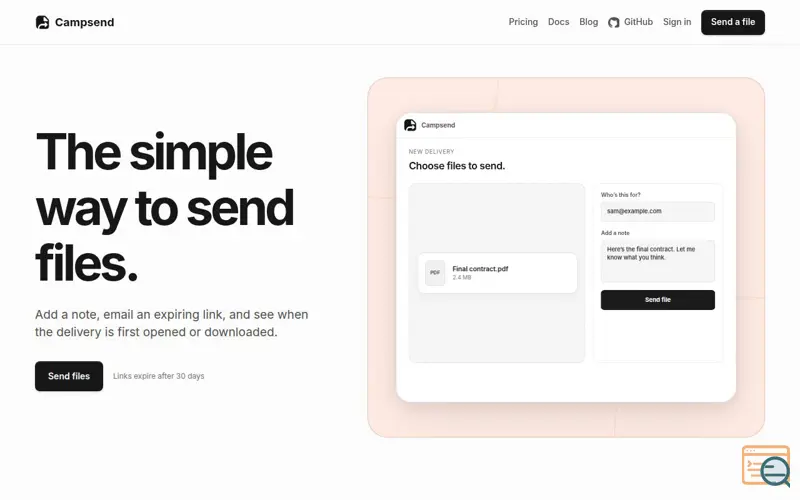 Screenshot of Campsend · Send files and track delivery