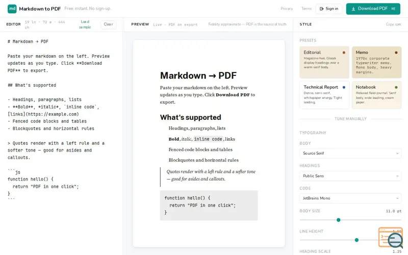 Screenshot of Markdown to PDF