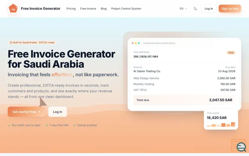 Screenshot of Free Invoice Generator — Free ZATCA Invoicing for Saudi Arabia