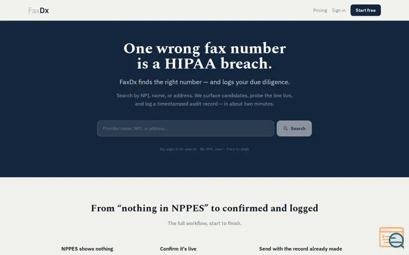 Screenshot of FaxDx — Fax verification for healthcare