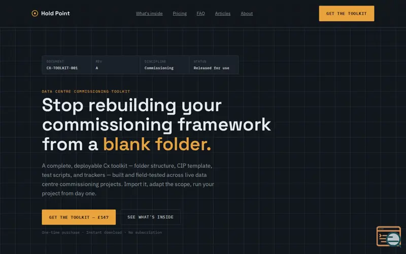 Screenshot of Hold Point — Data Centre Commissioning Toolkit