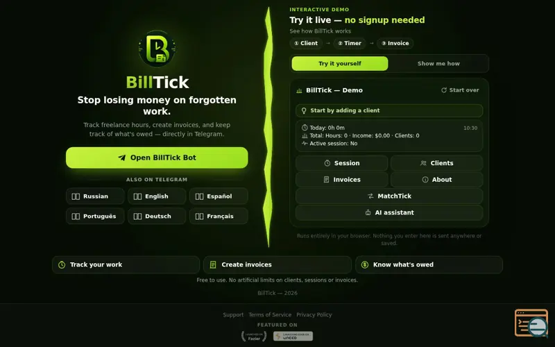 Screenshot of BillTick — Time tracking & invoicing
