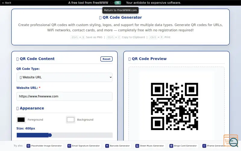 Screenshot of FreeWWW Advanced QR Generator