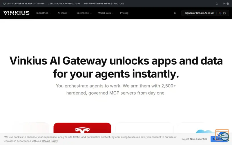 Screenshot of Vinkius unlocks apps for your AI agents