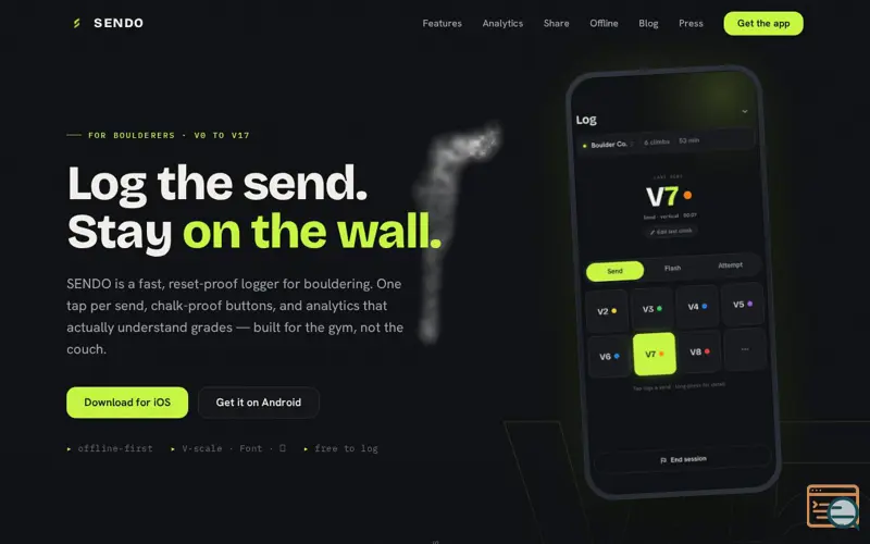 Screenshot of SENDO — A fast, reset-proof logger for indoor climbers