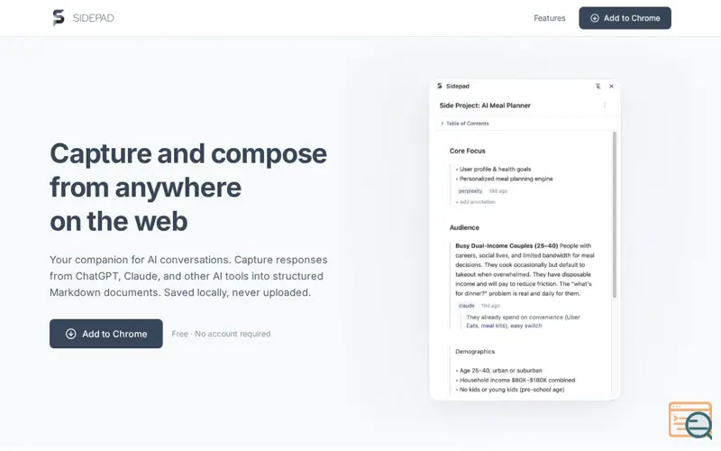 Screenshot of Sidepad - Capture and organize AI chats